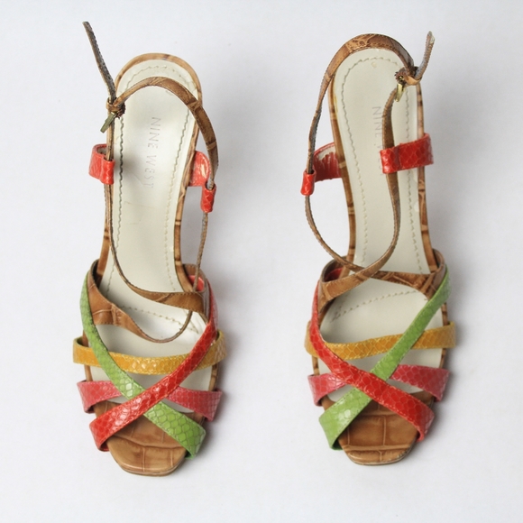 Final Sale Vintage Nine West Red Yellow Green Strappy Heels Sandal Size 6.5 - Picture 4 of 5